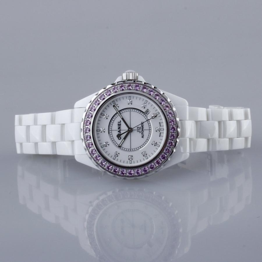 Швейцарские часы Chanel  Full Size White J12 - Pink Sapphire Bezel 42mm