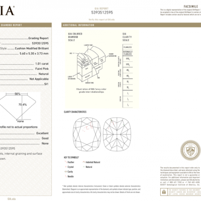 Кольцо GIA 1,01 ct Cushion Cut Faint Pink/SI1