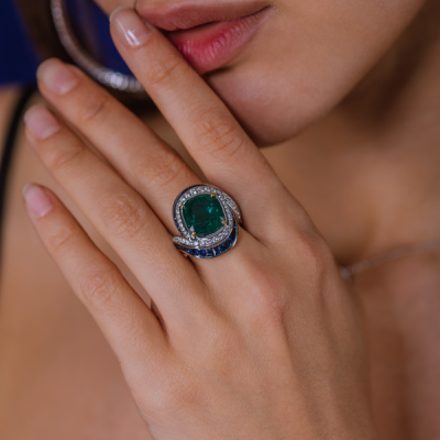 Кольцо GRS Gemresearch Swisslab 7,47 ct Natural Green Emerald & Sapphires & Diamonds