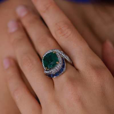 Кольцо GRS Gemresearch Swisslab 7,47 ct Natural Green Emerald & Sapphires & Diamonds
