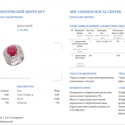 Кольцо No name 9.8 ct Natutal Red Ruby & 1.80 ct White Diamonds