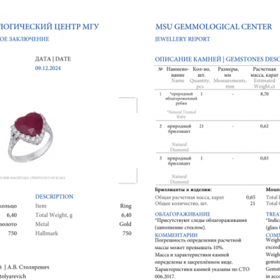Кольцо No name 8,70 ct Red Ruby Heart & 0,65 ct Diamonds & White Gold