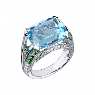 Кольцо Harry Winston Aquamarine & Diamonds & Chrysolite in Platinum