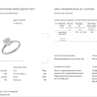 Кольцо No name 2,05 ct I/I2 Round Cut Diamond МГУ