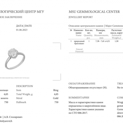 Кольцо No name 1,50 ct H/VS1 Round Cut Brilliant & White Gold
