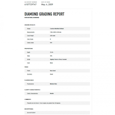 Подвеска GIA 2,02 ct H/VS1 Cushion Cut Diamond & White Gold