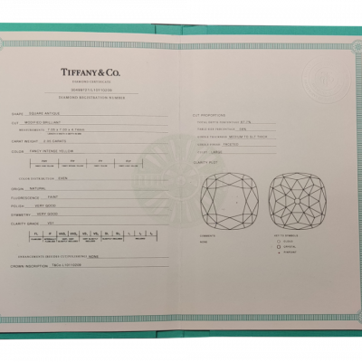 Кольцо Tiffany & Co 2,05 ct Square Antique Cut Fancy Intense Yellow / VS1