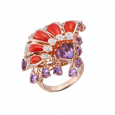 Кольцо No name Peacock Collection Coral & Amethyst & Topaz & Diamond