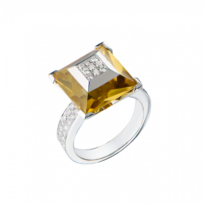 Кольцо No name Yellow Quartz & Diamonds & White Gold