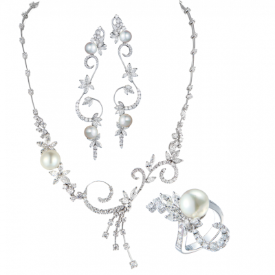 Комплект Stefan Hafner White Pearl Saltwater 9-11mm & 17.65 ct Marquise & Round cut Diamonds