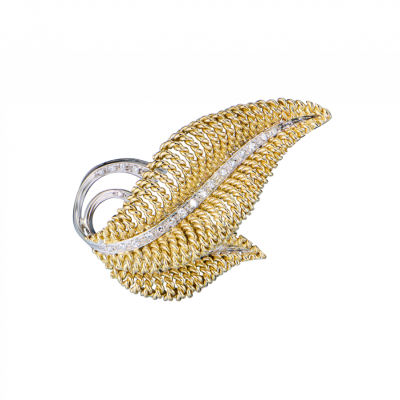 Брошь No name Yellow Gold & Diamonds Leaf