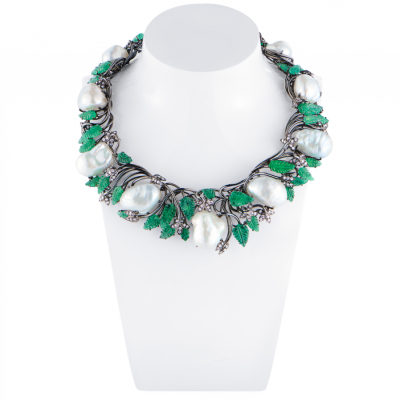 Колье No name Baroque Pearl & Natural Emerald & Diamonds & Black Gold