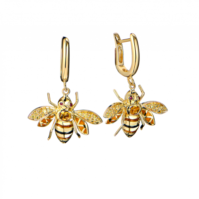 Серьги R.Bravo Yellow Gold Bee Sapphire & Toutmaline & Enamel