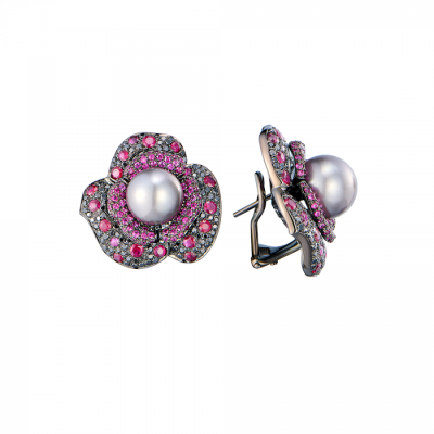 Серьги Paolo Piovan Flower in Black Diamonds & Rubies & Tahitian Pearl