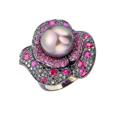 Кольцо Paolo Piovan Flower in Black Diamonds & Rubies & Tahitian Pearl