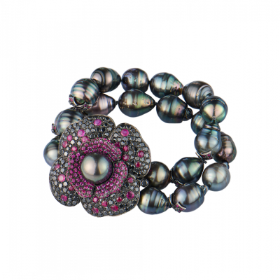 Браслет Paolo Piovan Flower in Black Diamonds & Rubies & Tahitian Baroque Pearl