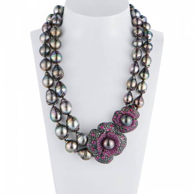 Колье Paolo Piovan 2 Flowers in Black Diamonds & Rubies & Tahitian Baroque Pearl