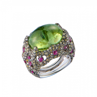 Кольцо No name Chrysolite & Diamonds & Red Topaz & White Gold