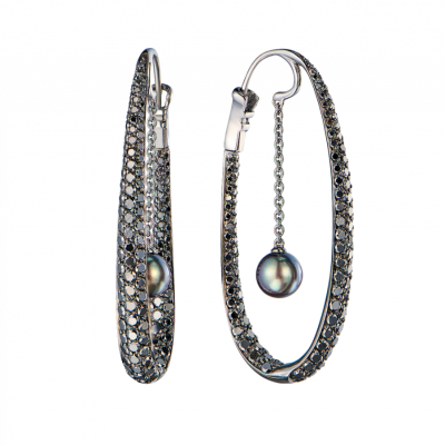 Серьги No name Hoop in White Gold with Black Diamonds & Tahitian Pearl