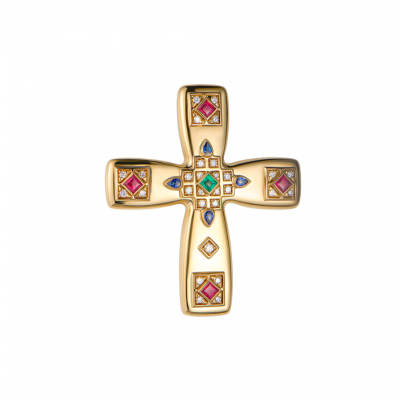 Крест Cartier Byzantine Cross in Yellow Gold with Diamonds Rubies Sapphires