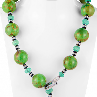Колье Scavia Jewels Egizia Collection Green Turquoise Bead & Onyx & Emerald &Diamond & White Gold