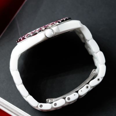 Швейцарские часы Chanel Full Size White J12 - Pink Sapphire Bezel 42mm