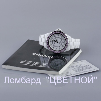 Швейцарские часы Chanel  Full Size White J12 - Pink Sapphire Bezel 42mm