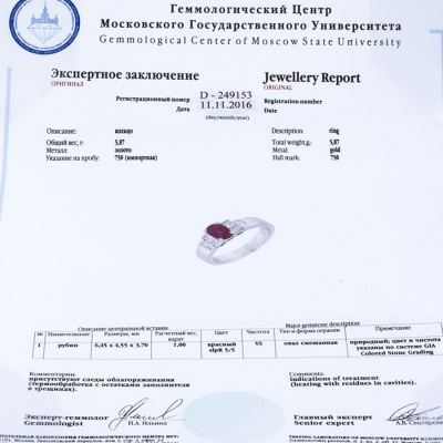 Ювелирное изделие No name Кольцо с рубином 1.00 ct