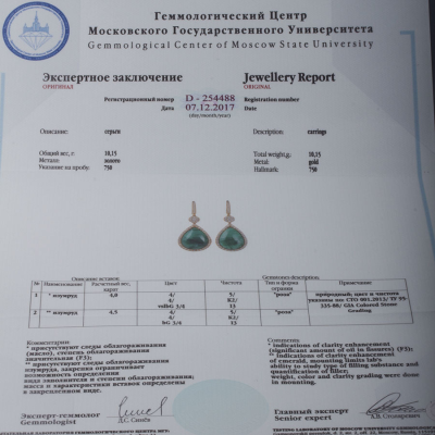 Ювелирное изделие Junder & Co  серьги 
с изумрудами 8.50 ct. и бриллиантами
