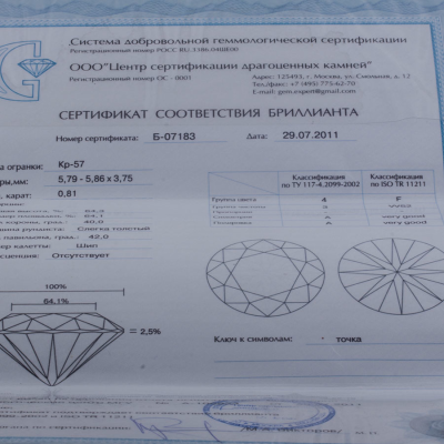 Ювелирное изделие No name Бриллиант 0.81 ct ( F / VVS2 )